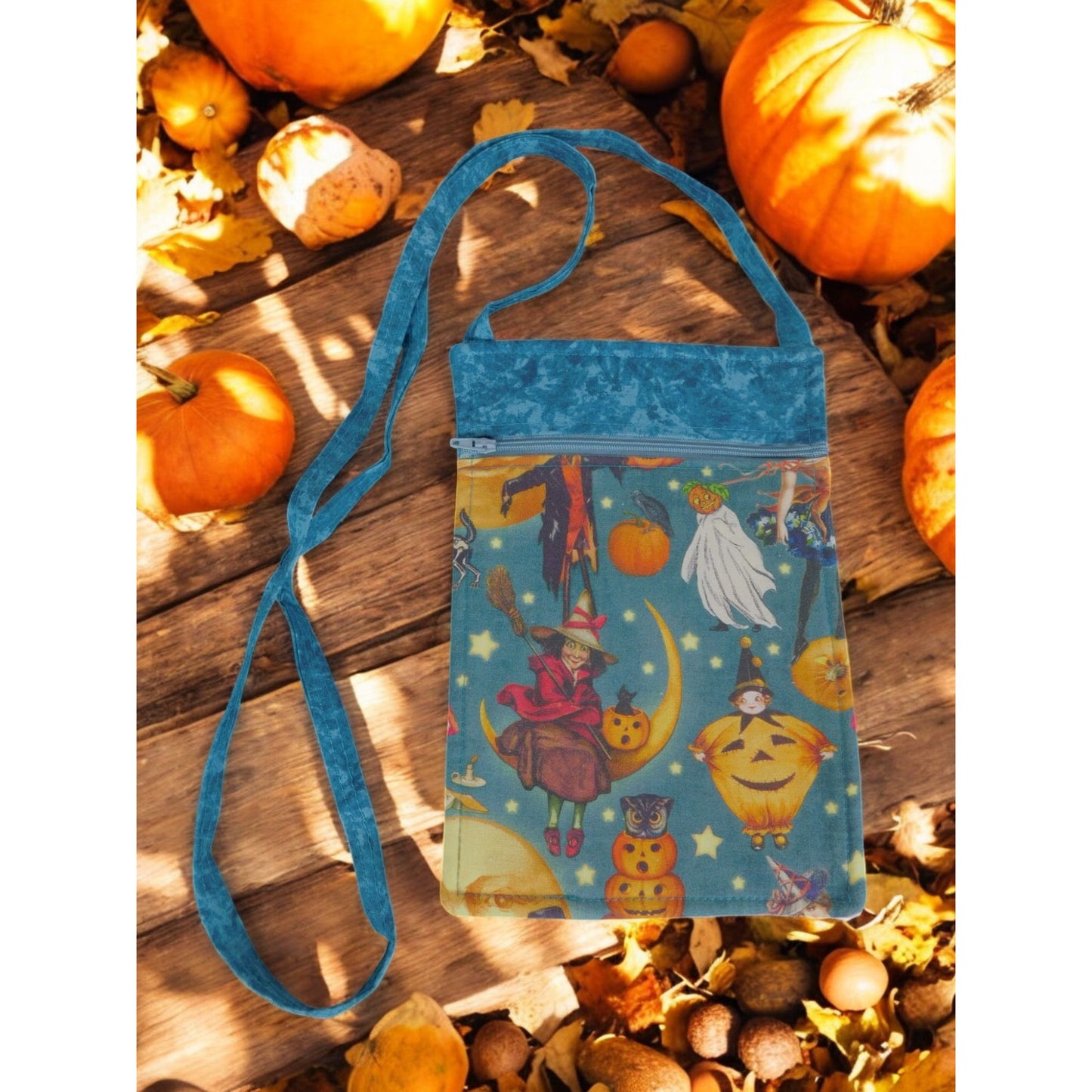 Halloween-Themed Crossbody Bag With Vintage Witch & Pumpkin Print Zipper Closure Adjustable Strap Handmade 9.5 x 6.5 Inches