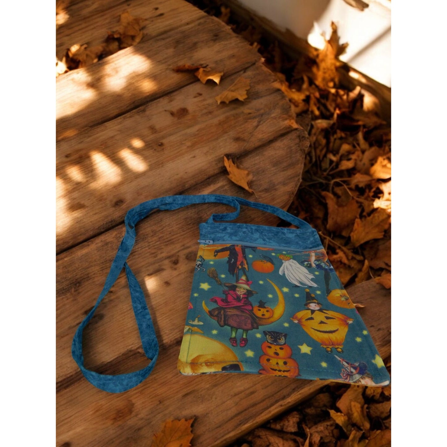 Halloween-Themed Crossbody Bag With Vintage Witch & Pumpkin Print Zipper Closure Adjustable Strap Handmade 9.5 x 6.5 Inches