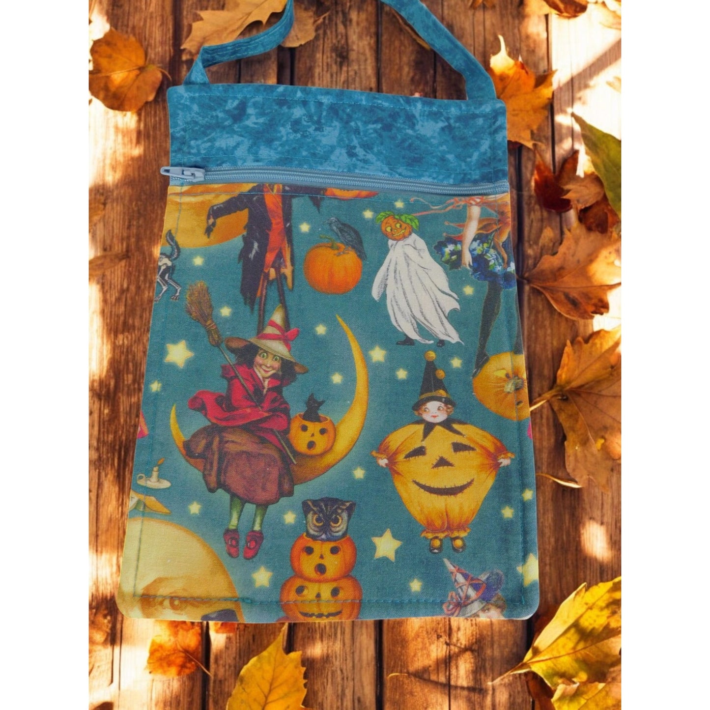 Halloween-Themed Crossbody Bag With Vintage Witch & Pumpkin Print Zipper Closure Adjustable Strap Handmade 9.5 x 6.5 Inches