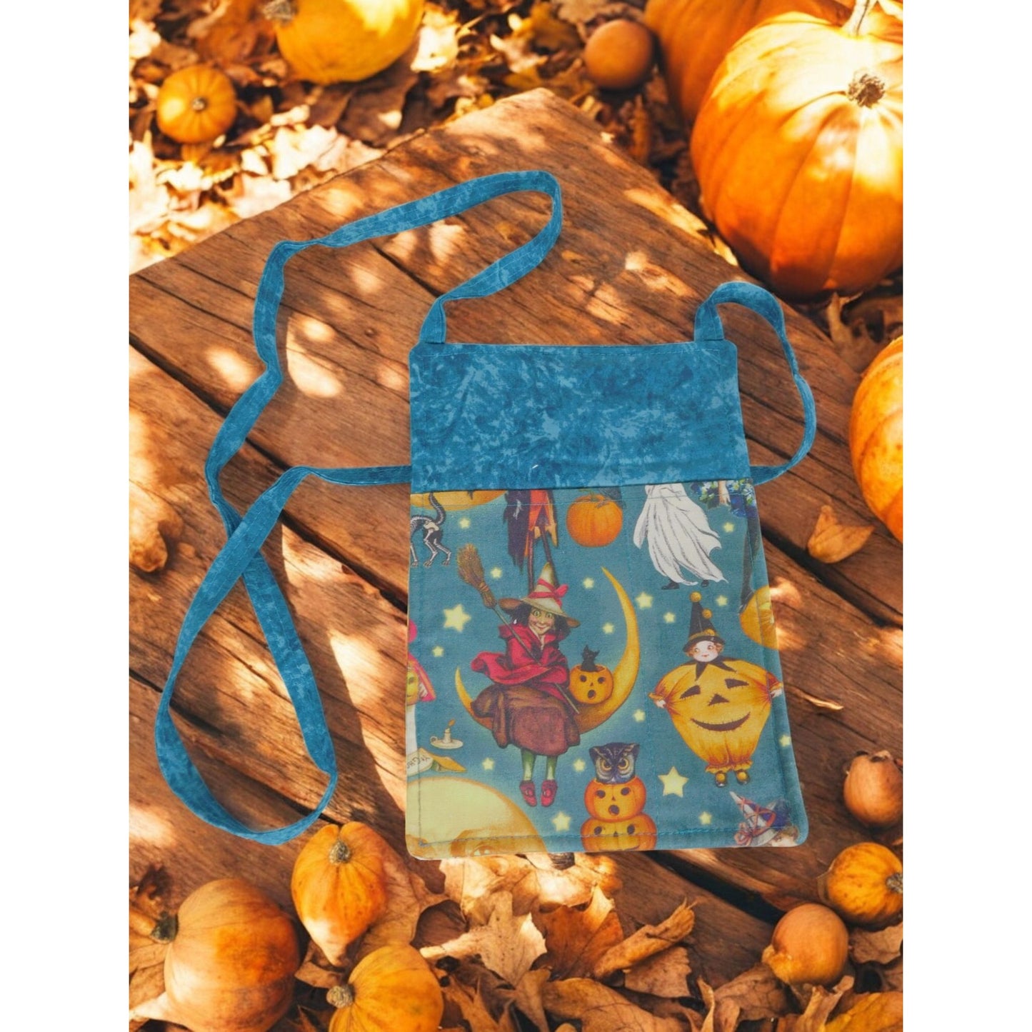 Halloween-Themed Crossbody Bag With Vintage Witch & Pumpkin Print Zipper Closure Adjustable Strap Handmade 9.5 x 6.5 Inches