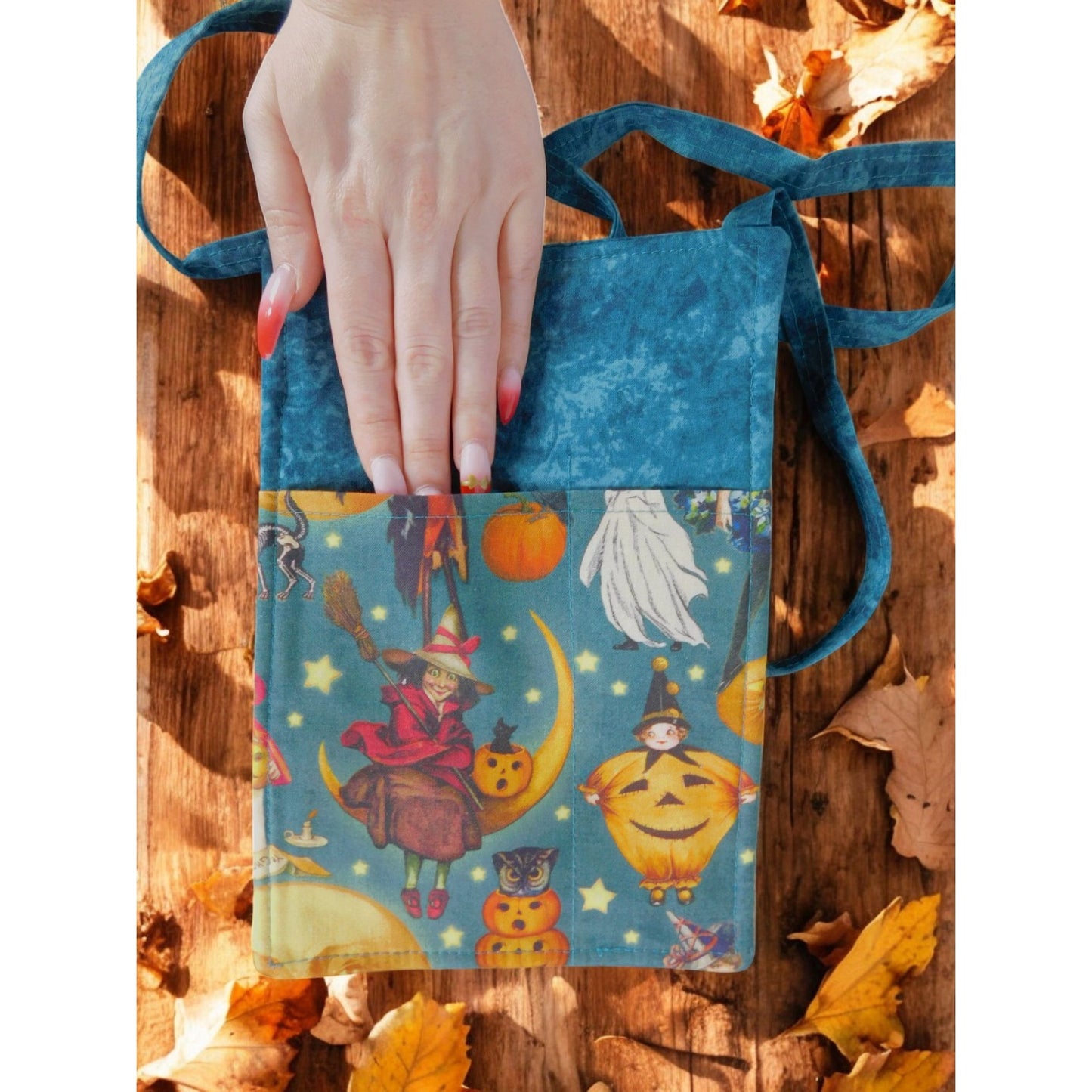 Halloween-Themed Crossbody Bag With Vintage Witch & Pumpkin Print Zipper Closure Adjustable Strap Handmade 9.5 x 6.5 Inches