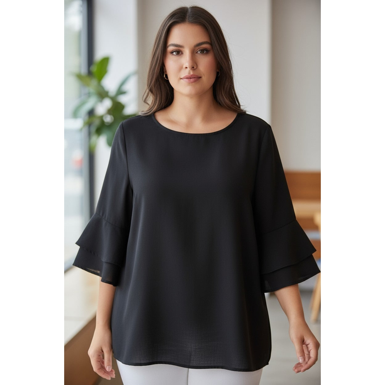 SHEIN Blk Bell Sleeve Blouse XL - Ruffle Scoop - Excellent - Witchcore Ethereal