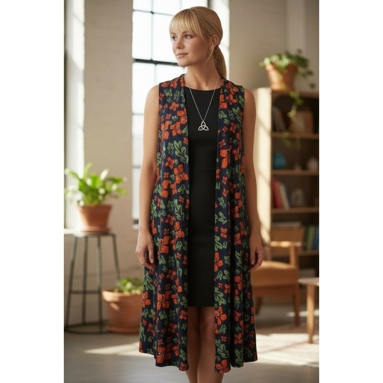 LuLaRoe Navy Floral Duster Vest L - Long Open Front - Excellent