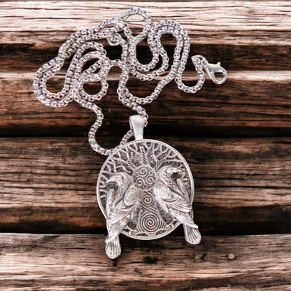 Tree Of Life Pendant Necklace With Twin Ravens Design 1.4" Pendant Diameter 23.5" Chain Length