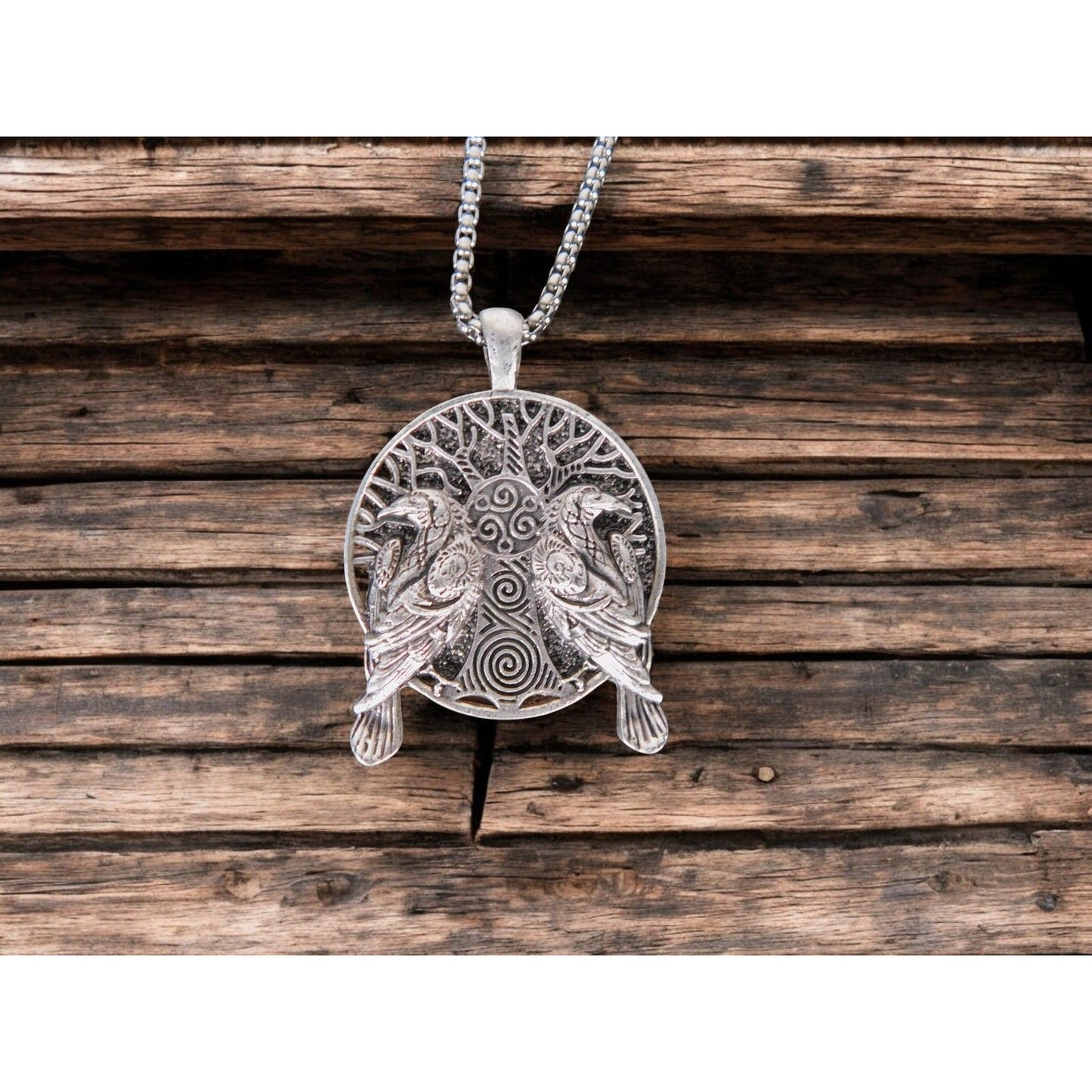 Tree Of Life Pendant Necklace With Twin Ravens Design 1.4" Pendant Diameter 23.5" Chain Length
