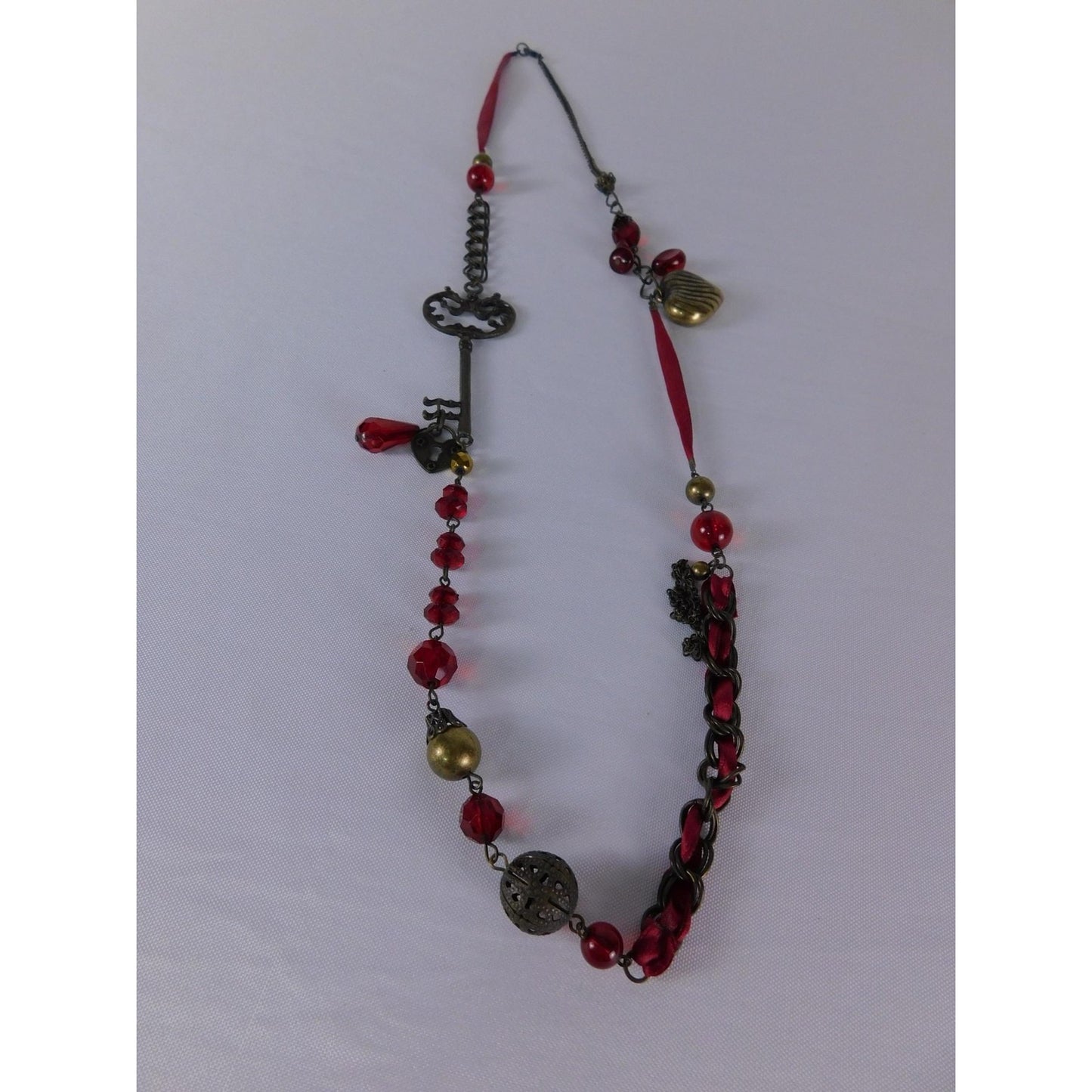 Key Heart Charm Pendant Necklace Red Beaded Steampunk Satin Ribbon Jewelry