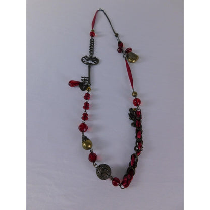 Key Heart Charm Pendant Necklace Red Beaded Steampunk Satin Ribbon Jewelry
