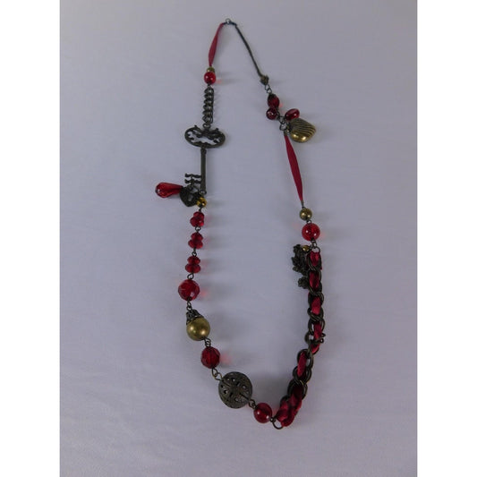 Key Heart Charm Pendant Necklace Red Beaded Steampunk Satin Ribbon Jewelry