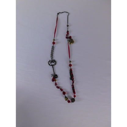 Key Heart Charm Pendant Necklace Red Beaded Steampunk Satin Ribbon Jewelry