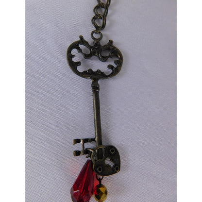 Key Heart Charm Pendant Necklace Red Beaded Steampunk Satin Ribbon Jewelry