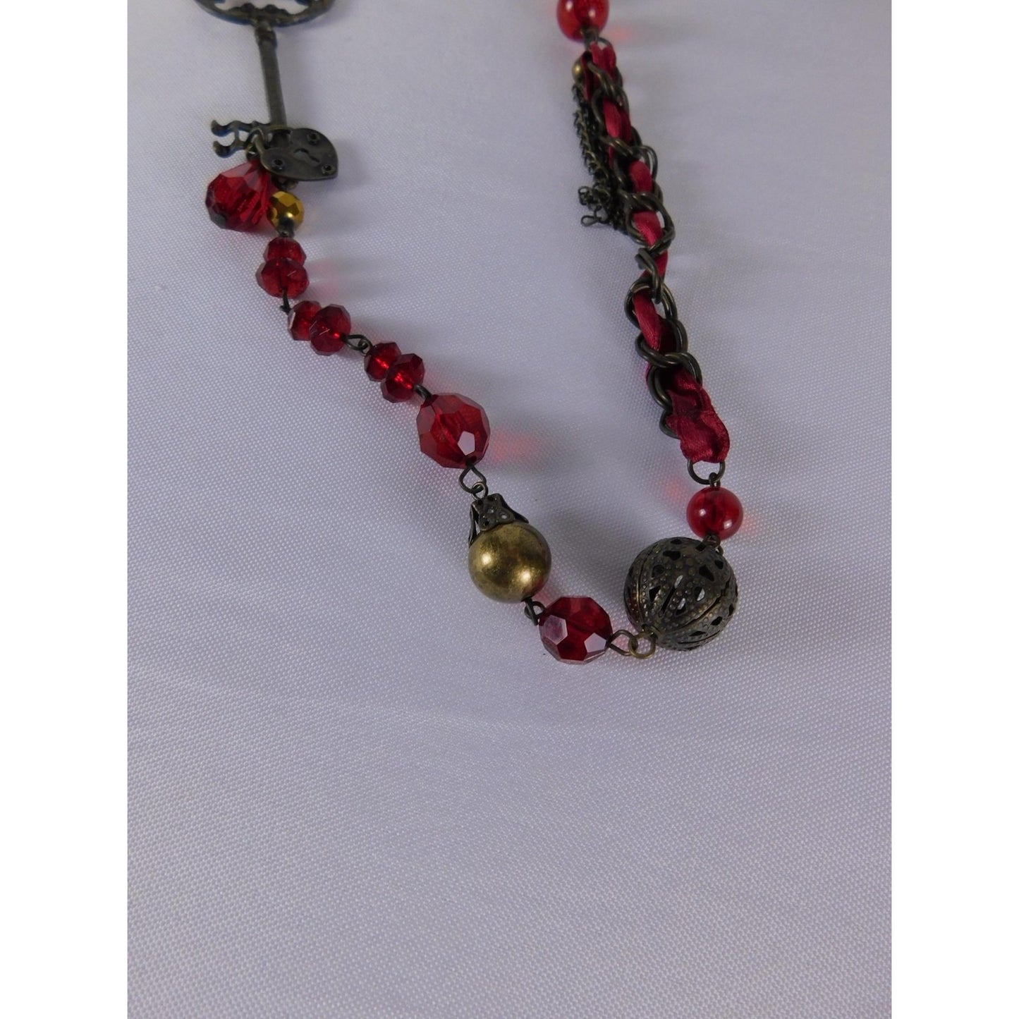 Key Heart Charm Pendant Necklace Red Beaded Steampunk Satin Ribbon Jewelry