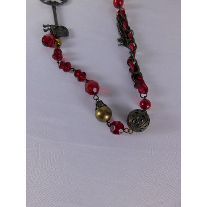 Key Heart Charm Pendant Necklace Red Beaded Steampunk Satin Ribbon Jewelry