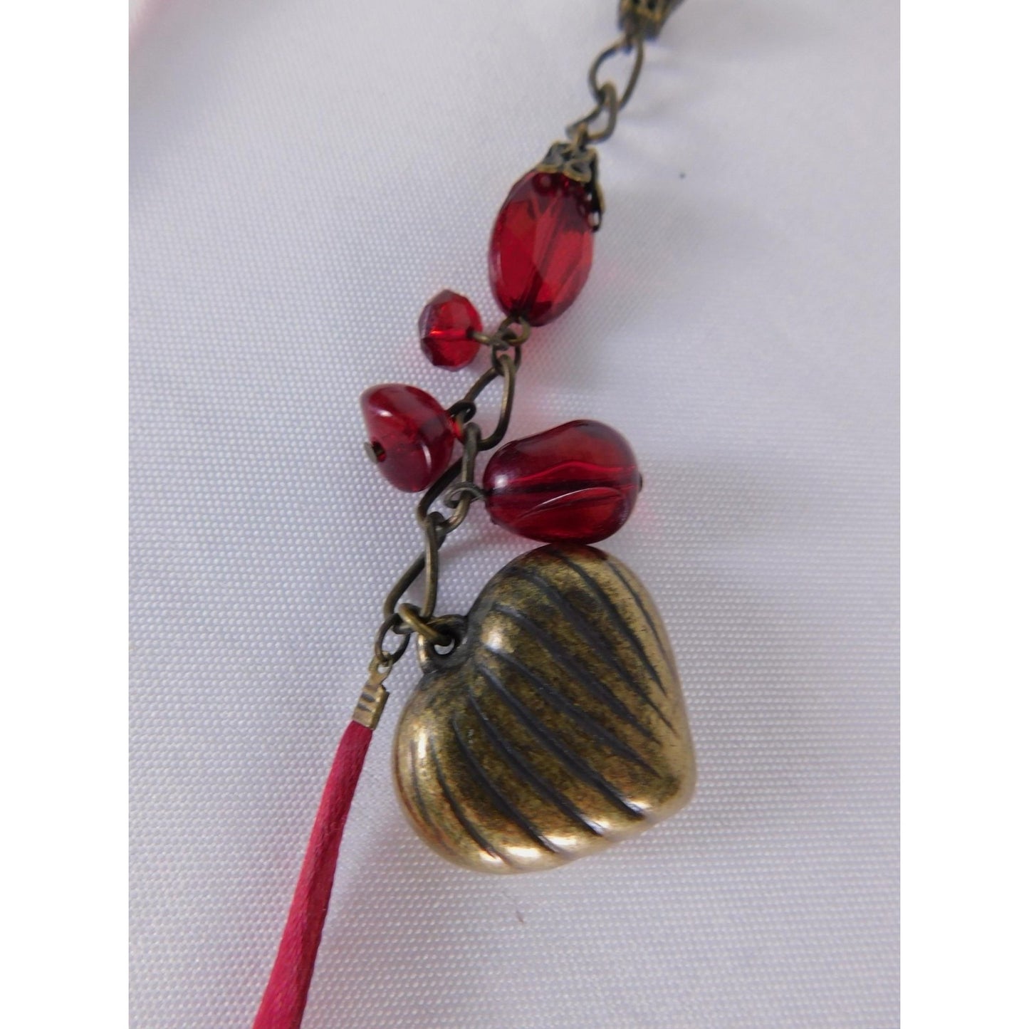 Key Heart Charm Pendant Necklace Red Beaded Steampunk Satin Ribbon Jewelry