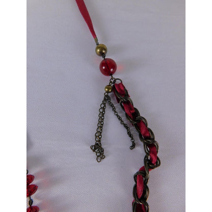 Key Heart Charm Pendant Necklace Red Beaded Steampunk Satin Ribbon Jewelry