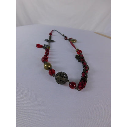 Key Heart Charm Pendant Necklace Red Beaded Steampunk Satin Ribbon Jewelry