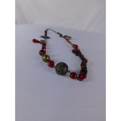 Key Heart Charm Pendant Necklace Red Beaded Steampunk Satin Ribbon Jewelry