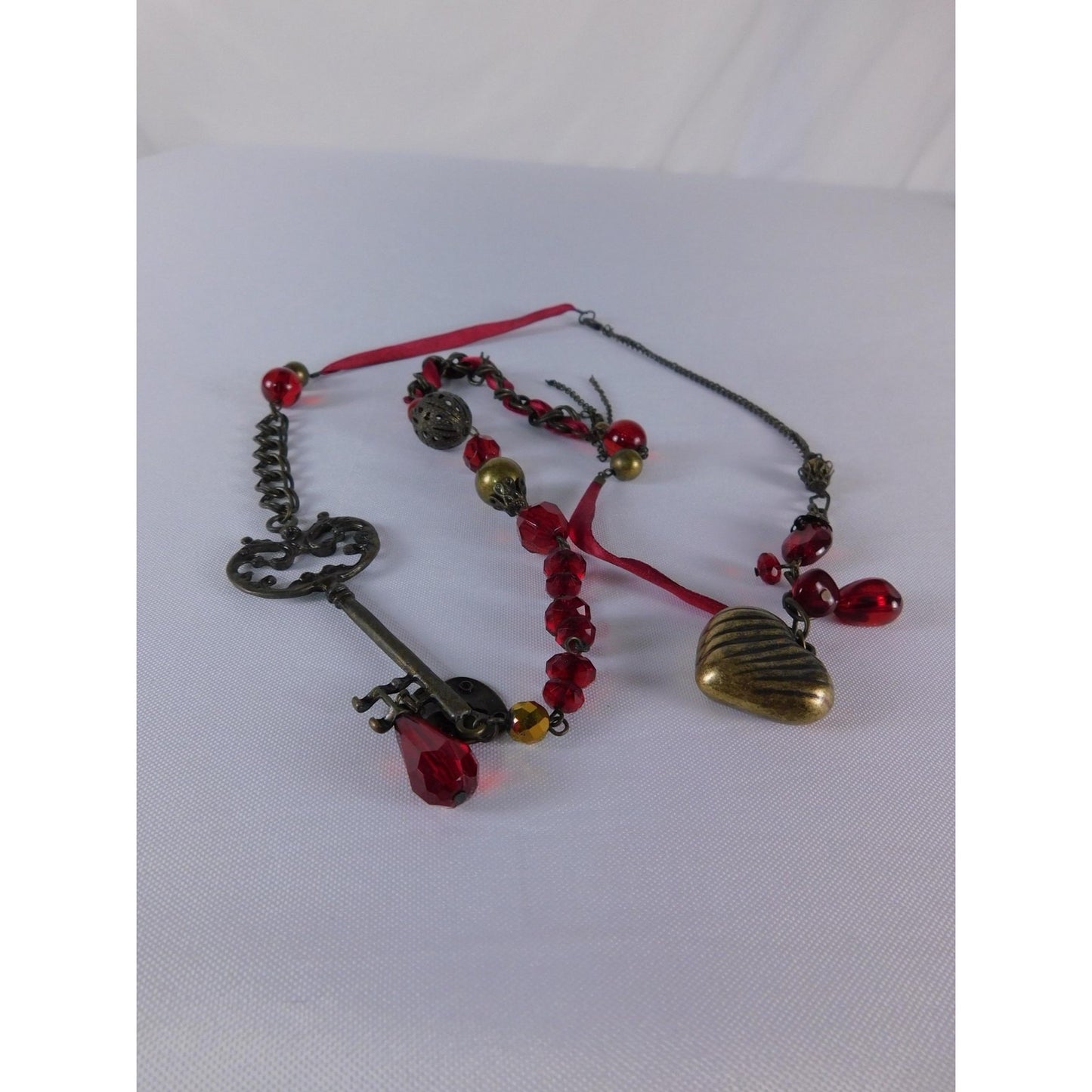 Key Heart Charm Pendant Necklace Red Beaded Steampunk Satin Ribbon Jewelry
