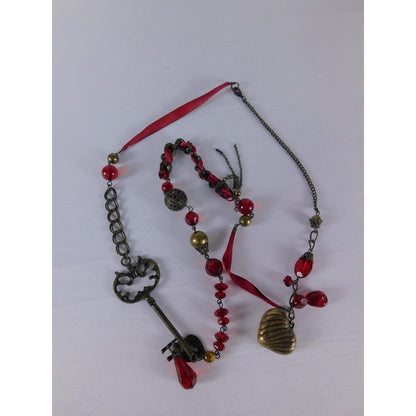 Key Heart Charm Pendant Necklace Red Beaded Steampunk Satin Ribbon Jewelry