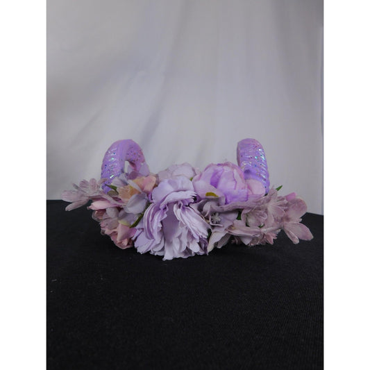 Handmade Pastel Purple Floral Curled Ram Horns Headpiece Cosplay Accessory