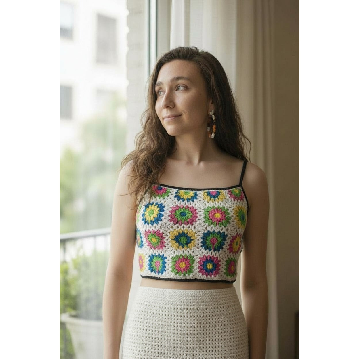 Crochet Granny Square Crop Top S - Neon White Boho - Excellent