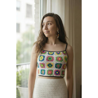 Crochet Granny Square Crop Top S - Neon White Boho - Excellent