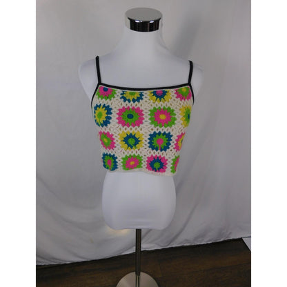 Crochet Granny Square Crop Top S - Neon White Boho - Excellent
