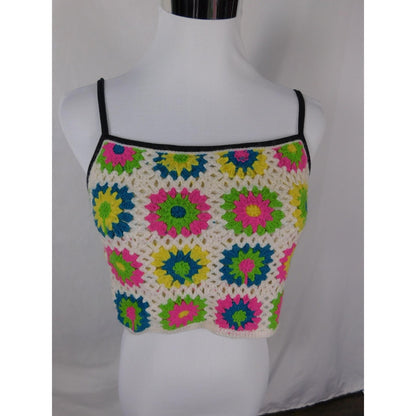 Crochet Granny Square Crop Top S - Neon White Boho - Excellent