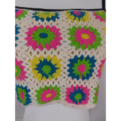 Crochet Granny Square Crop Top S - Neon White Boho - Excellent