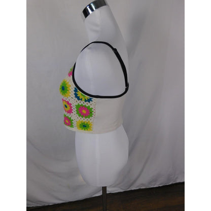 Crochet Granny Square Crop Top S - Neon White Boho - Excellent
