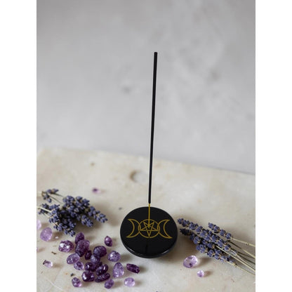 Black Stone Triple Moon Pentacle Ceramic Plate Incense Holder Altar Wicca Decor