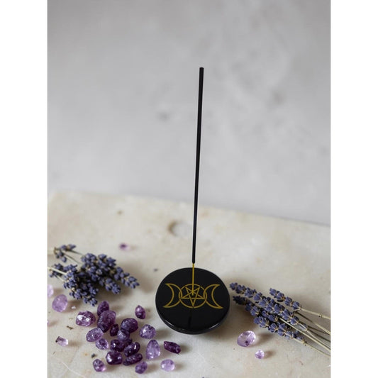 Black Stone Triple Moon Pentacle Ceramic Plate Incense Holder Altar Wicca Decor