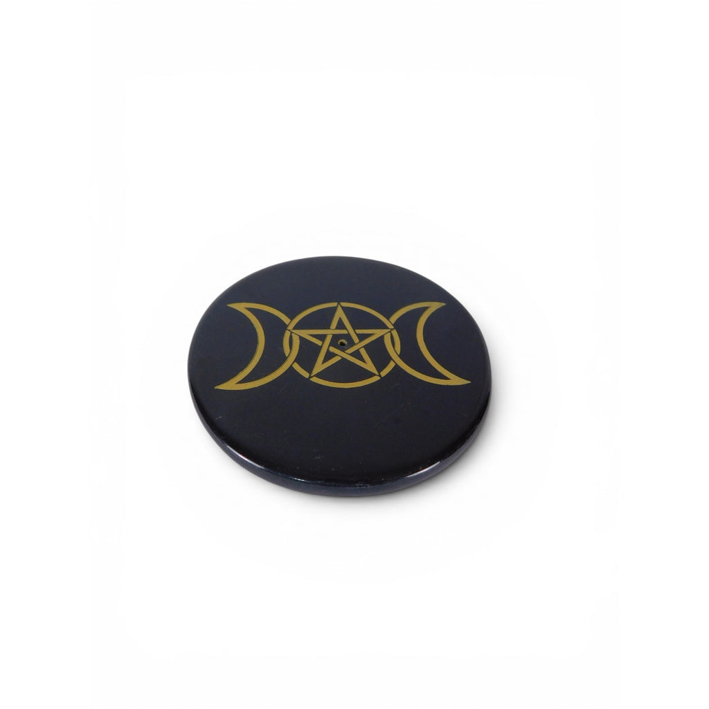 Black Stone Triple Moon Pentacle Ceramic Plate Incense Holder