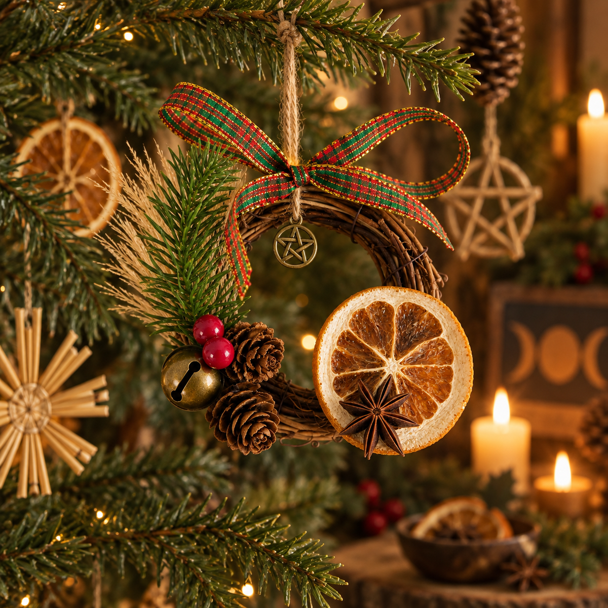 Handmade Yule Grapevine Wreath Ornament with Pentacle