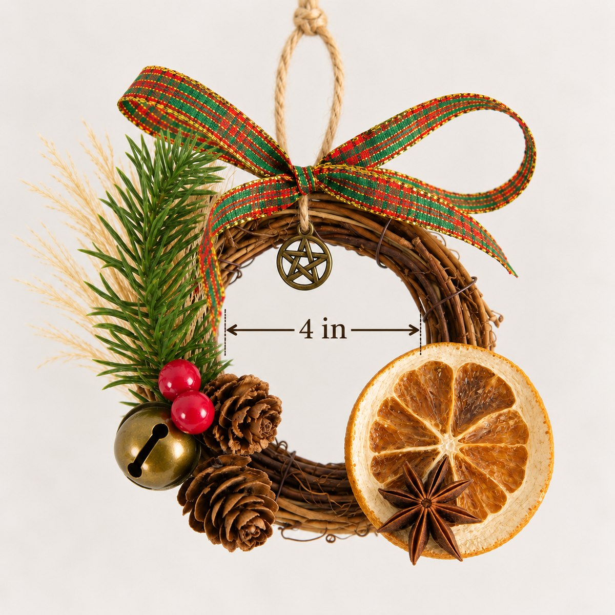 Handmade Yule Grapevine Wreath Ornament with Pentacle