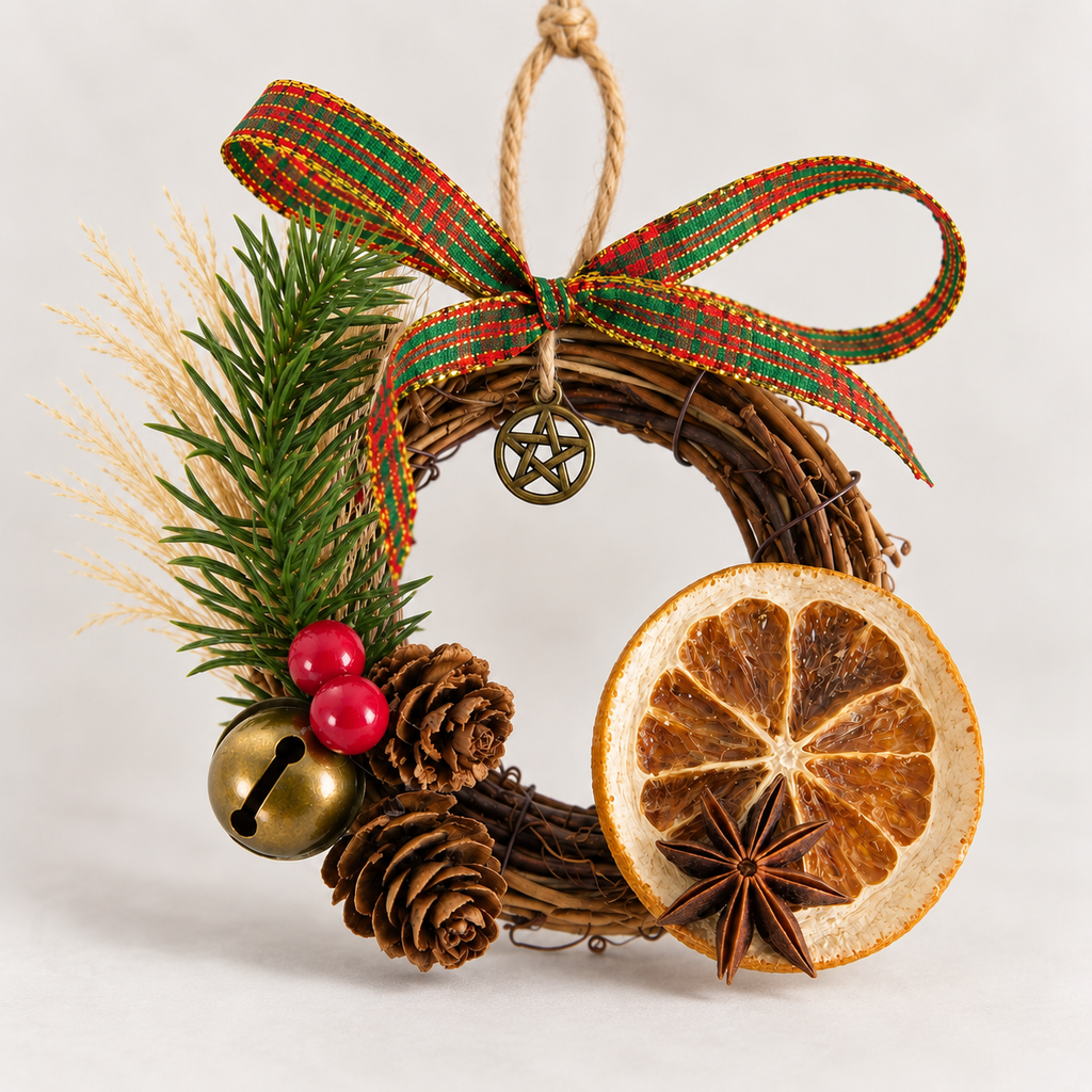 Handmade Yule Grapevine Wreath Ornament with Pentacle