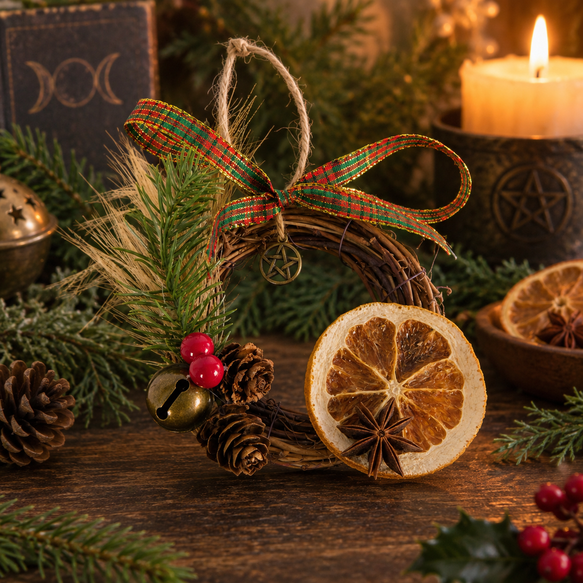 Handmade Yule Grapevine Wreath Ornament with Pentacle