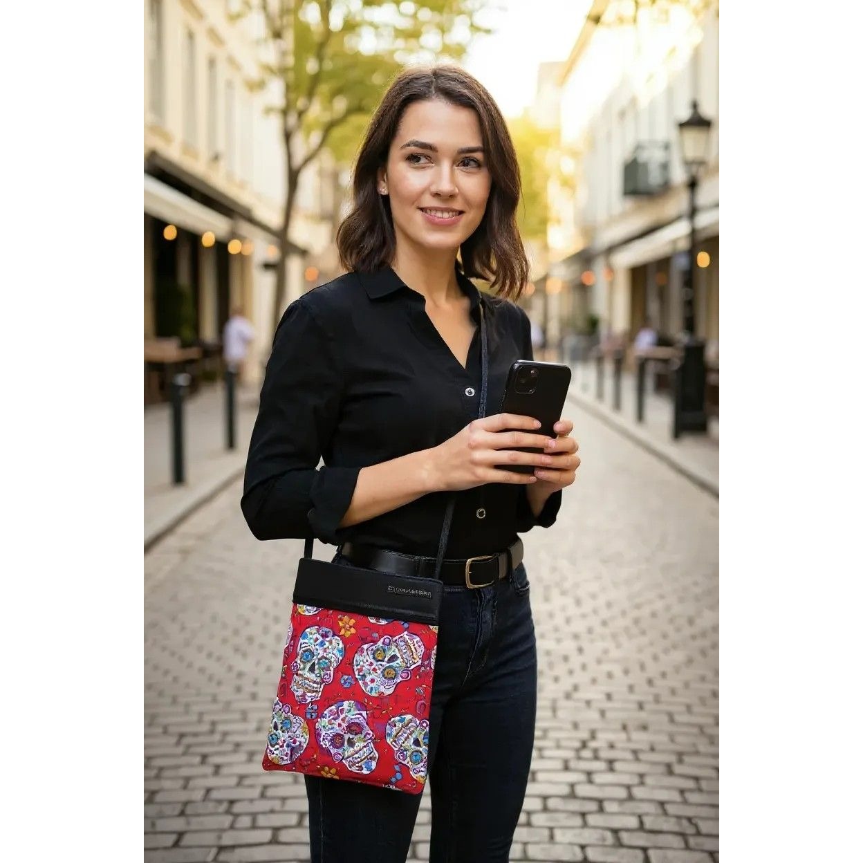 Handcrafted Crossbody Bag With Sugar Skull Pattern