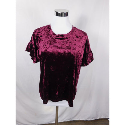 Altar'd State Shirt Womens Small Burgundy Crushed Velvet Short Ruffle Sleeve Top