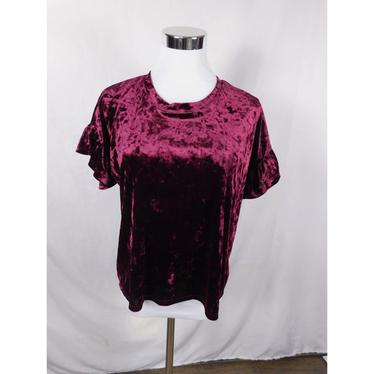 Altar'd State Shirt Womens Small Burgundy Crushed Velvet Short Ruffle Sleeve Top
