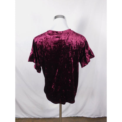 Altar'd State Shirt Womens Small Burgundy Crushed Velvet Short Ruffle Sleeve Top