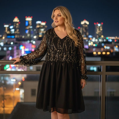 BloomChic Black Gold Sequin Mesh Dress 26 - V-Neck Plus - Excellent