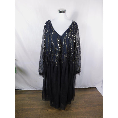 BloomChic Black Gold Sequin Mesh Dress 26 - V-Neck Plus - Excellent