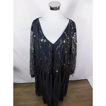 BloomChic Black Gold Sequin Mesh Dress 26 - V-Neck Plus - Excellent