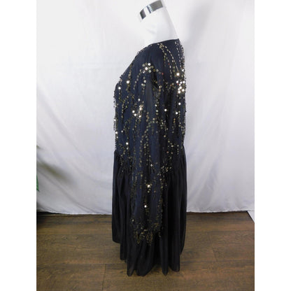 BloomChic Black Gold Sequin Mesh Dress 26 - V-Neck Plus - Excellent