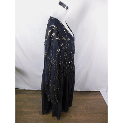BloomChic Black Gold Sequin Mesh Dress 26 - V-Neck Plus - Excellent
