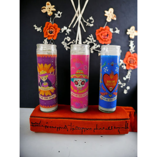 Bougies de prière pilier en verre du Jour des Morts 3pk Veladoras Dia de Los Muertos