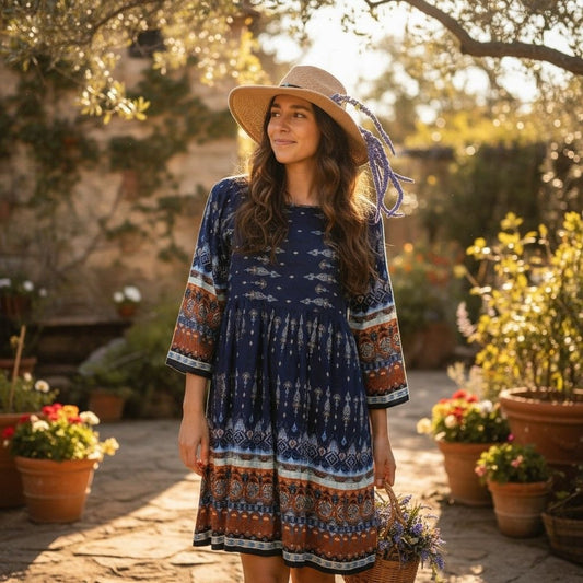 Bohemian Navy & Orange Print Dress Size M Boho Shift