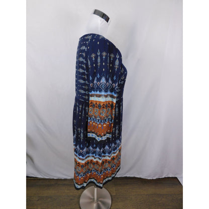 Bohemian Navy & Orange Print Dress Size M Boho Shift