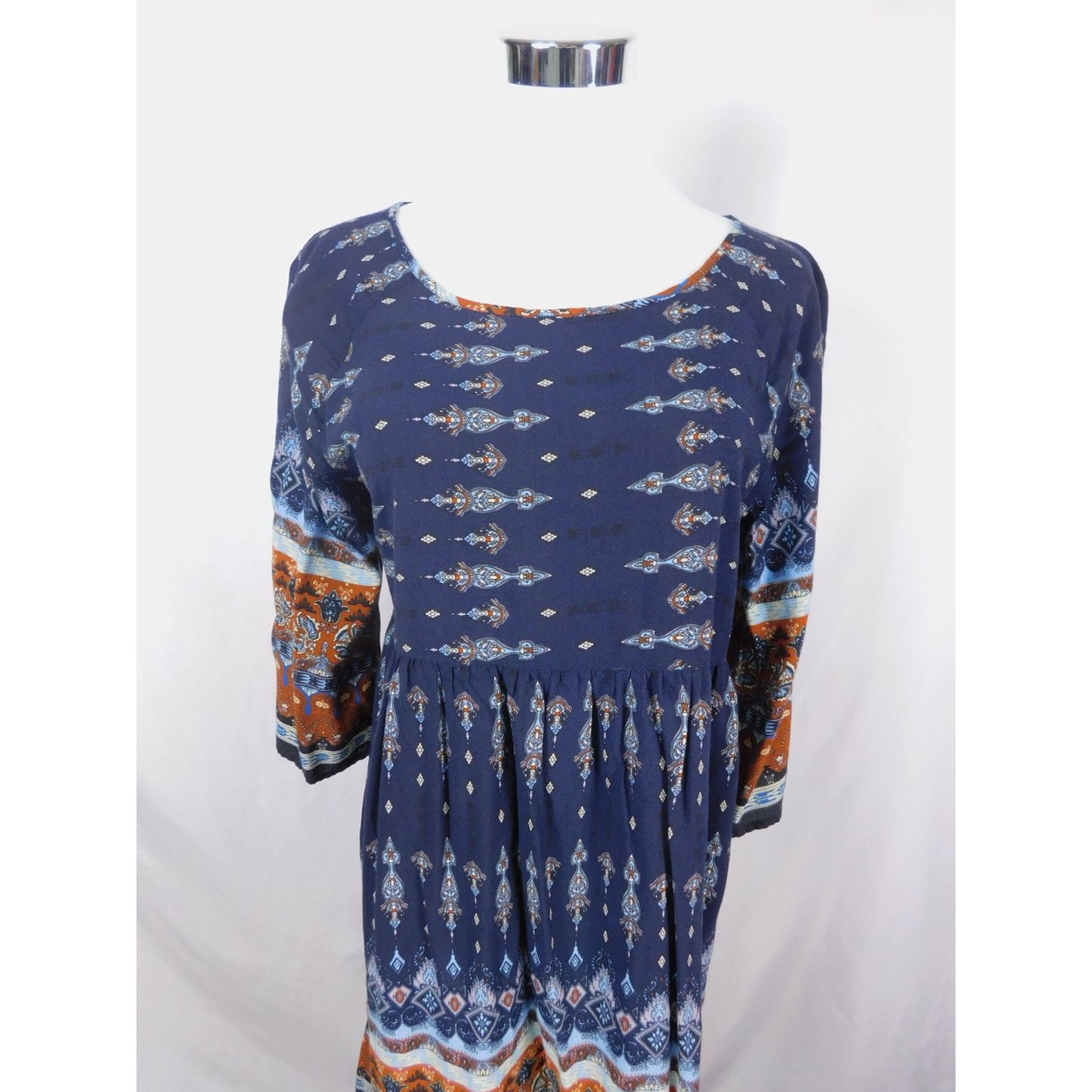 Bohemian Navy & Orange Print Dress Size M Boho Shift