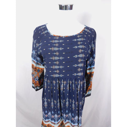 Bohemian Navy & Orange Print Dress Size M Boho Shift
